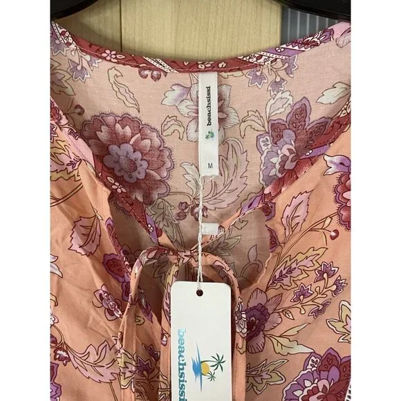 Beachsissi Summer Dress Womens Sz M Pink Floral Short Sleeve Tassels Bach Casual - Picture 3 of 5